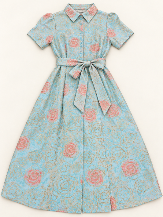 Aqua Floral Collared Dress with Waist Tie – Size 15