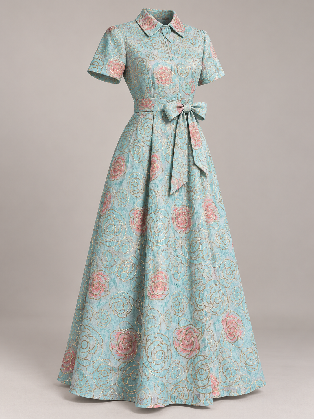 Aqua Floral Collared Dress with Waist Tie – Size 15