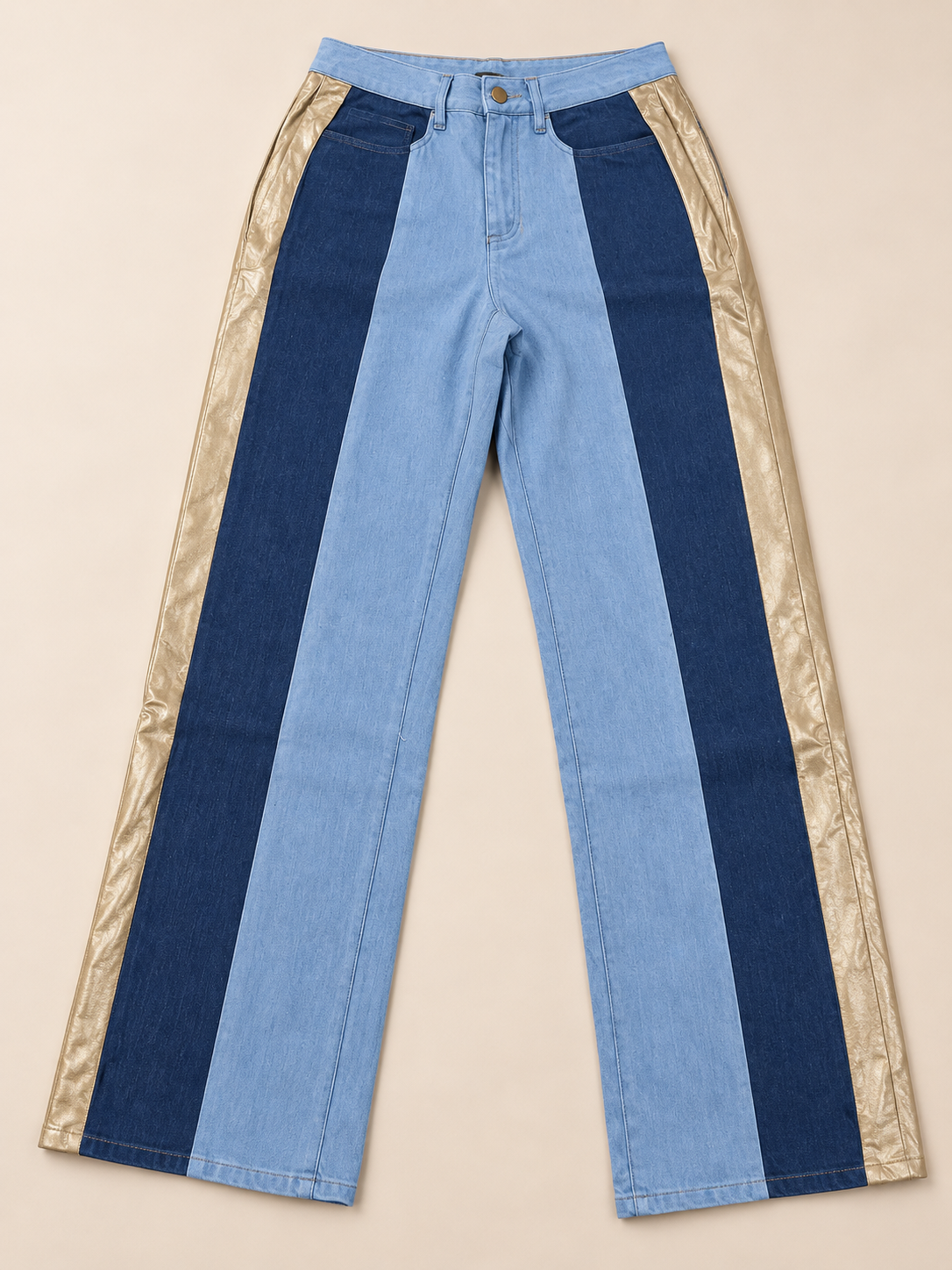 Women’s Two-Tone Blue Denim Pants with Gold Side Stripes – Size 10