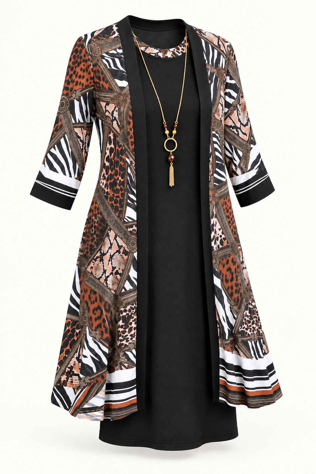 Women’s Black Dress & Animal Print Cardigan Set – Large