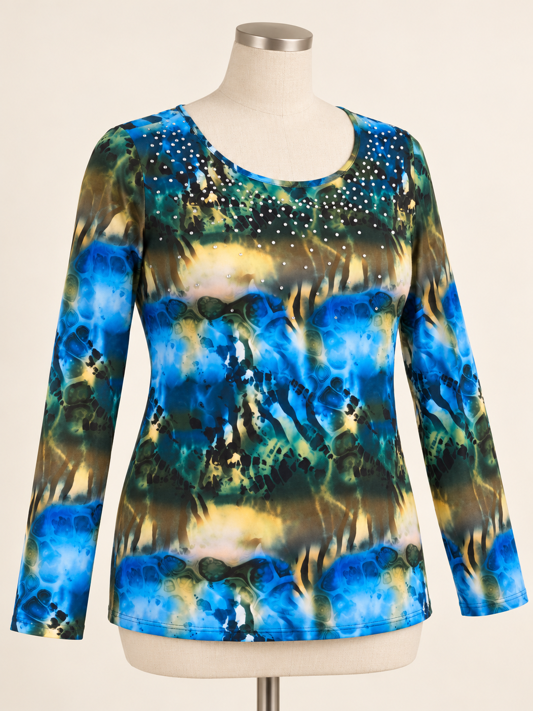 Women’s Embellished Abstract Print Long Sleeve Top – Large