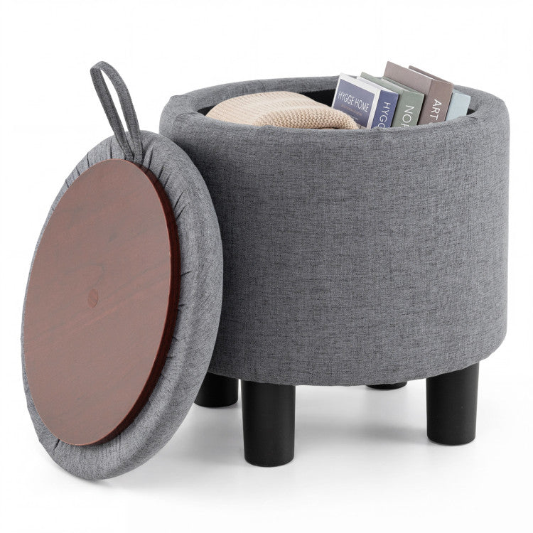Round Storage Ottoman Linen Fabric Upholstered Footrest Stool
