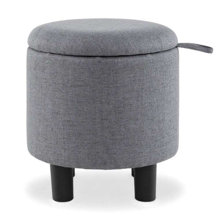 Round Storage Ottoman Linen Fabric Upholstered Footrest Stool
