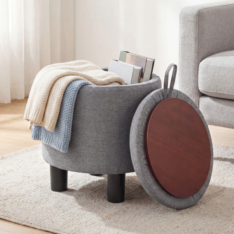 Round Storage Ottoman Linen Fabric Upholstered Footrest Stool