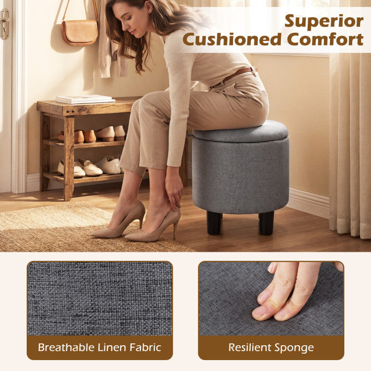 Round Storage Ottoman Linen Fabric Upholstered Footrest Stool