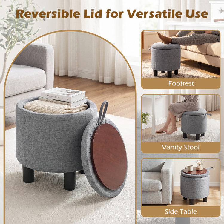 Round Storage Ottoman Linen Fabric Upholstered Footrest Stool