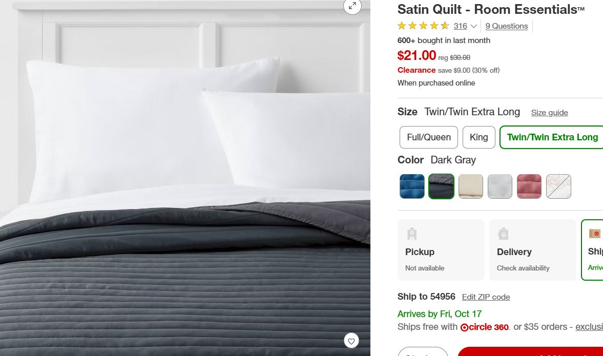 Satin Quilt - Dark Gray - Twin/Twin Extra Long Room Essentials