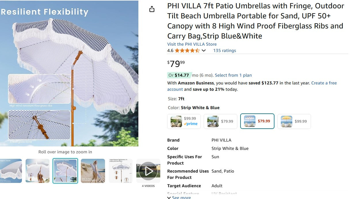 PHI VILLA 7ft Patio Umbrellas with Fringe, Outdoor Tilt Beach Umbrella Portable for Sand Phi Villa