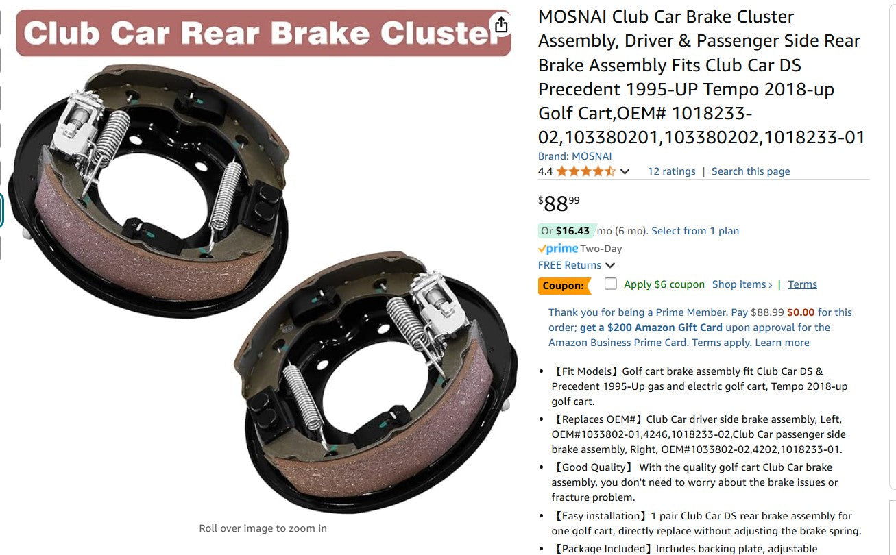 MOSNAI Club Car Brake Cluster Assembly, Driver & Passenger Side Rear Brake Assembly Mosnai