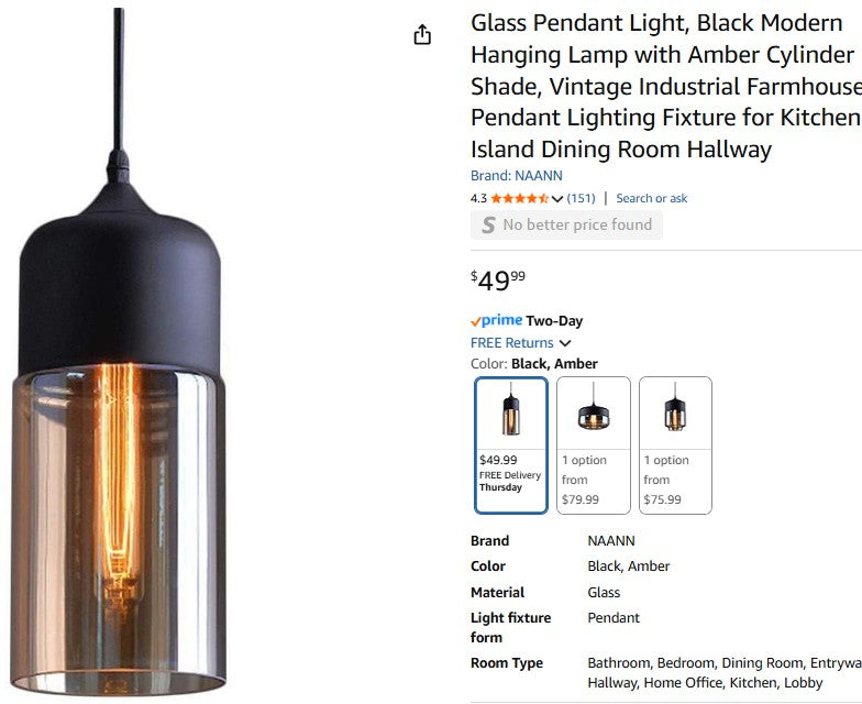 Glass Pendant Light, Black Modern Hanging Lamp with Amber Cylinder Shade NaaNN