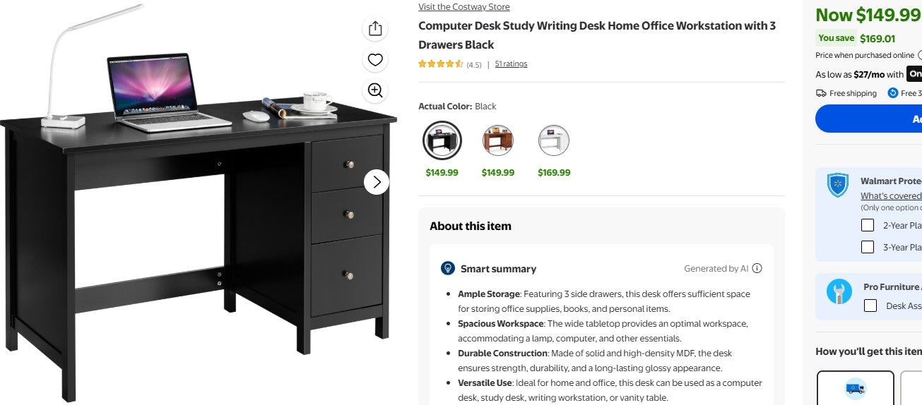 Computer Desk Study Writing Desk Home Office Workstation with 3 Drawers Black Costway