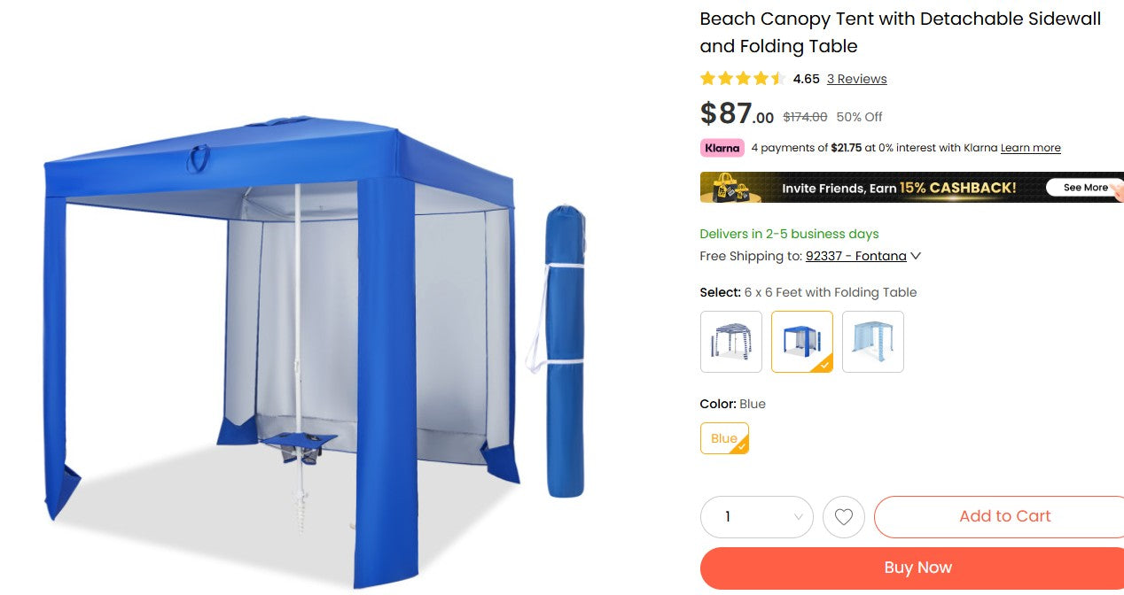 Beach Canopy Tent with Detachable Sidewall and Folding Table Costway