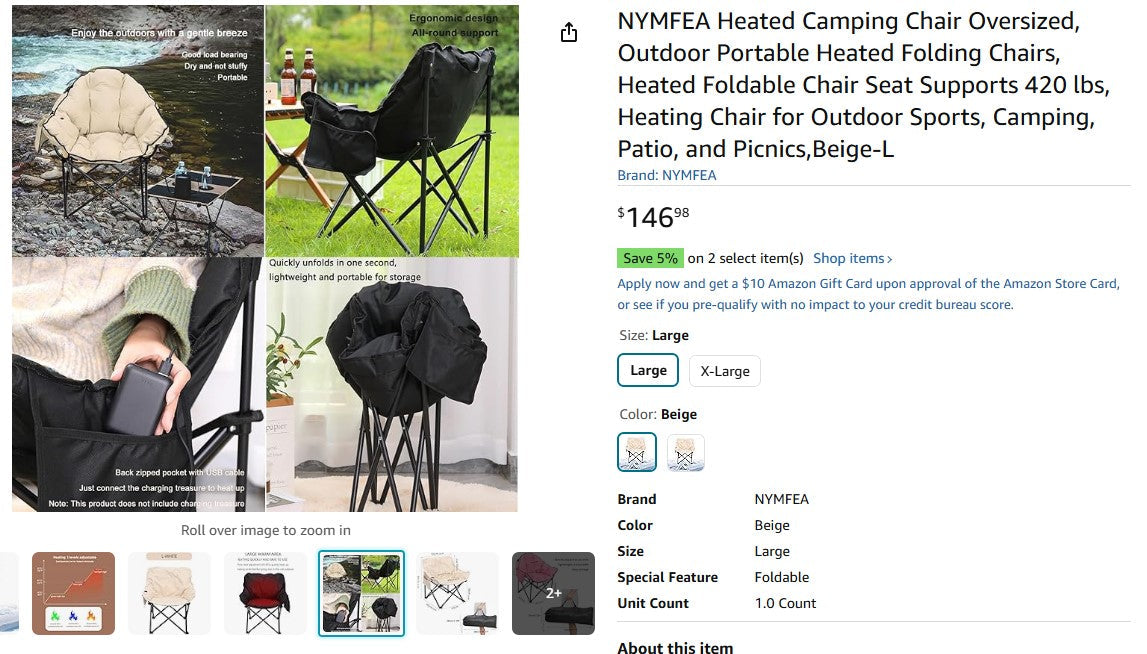 NYMFEA Heated Camping Chair Oversized, Outdoor Portable Heated Folding Chairs NYMFEA