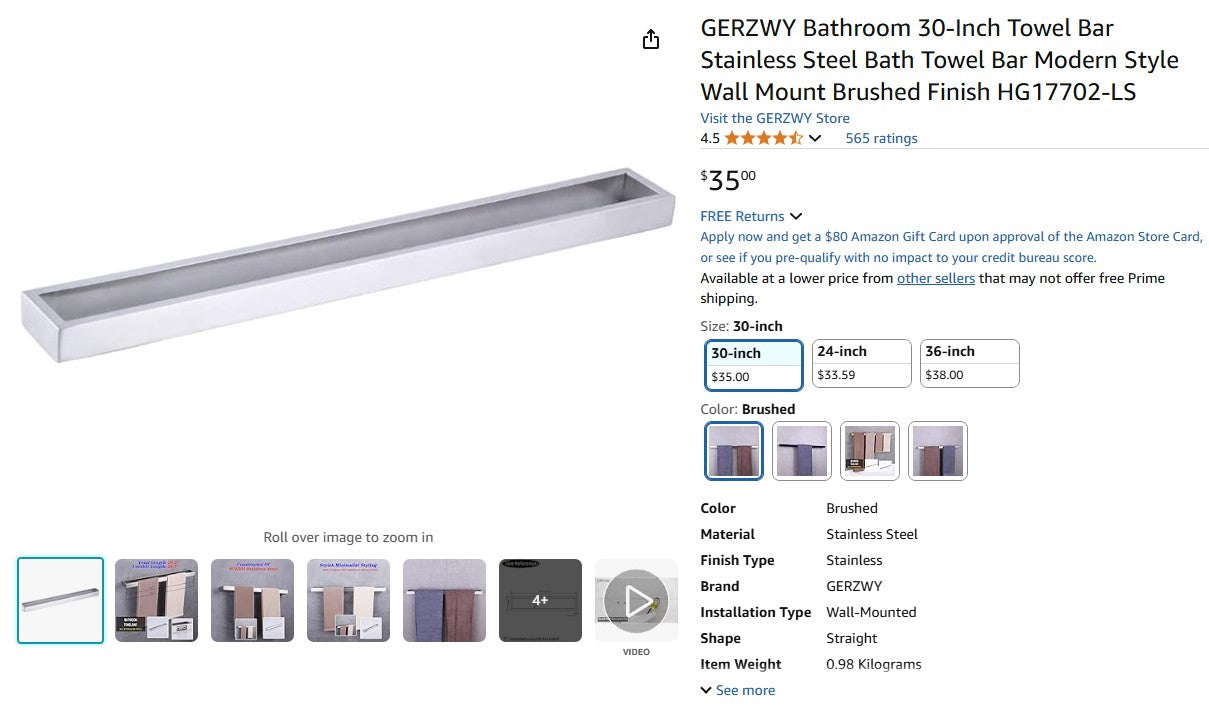 GERZWY Bathroom 30-Inch Towel Bar Stainless Steel Bath Towel Bar Gerzwy