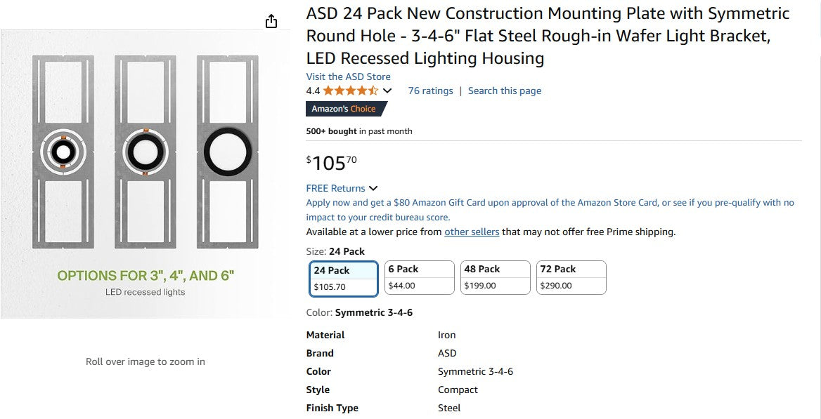 ASD 24 Pack New Construction Mounting Plate with Symmetric Round Hole - 3-4-6" Flat Steel ASD