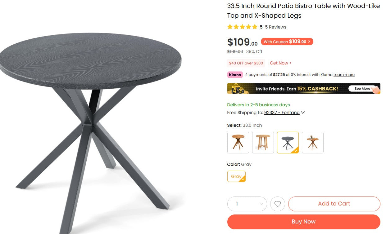 33.5 Inch Round Patio Bistro Table with Wood-Like Top and X-Shaped Legs Costway