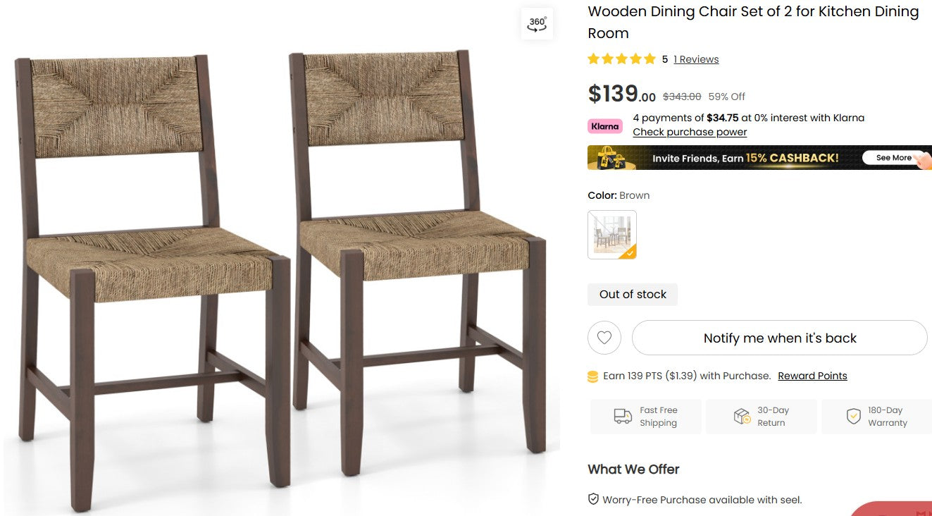 Wooden Dining Chair Set of 2 for Kitchen Dining Room Costway