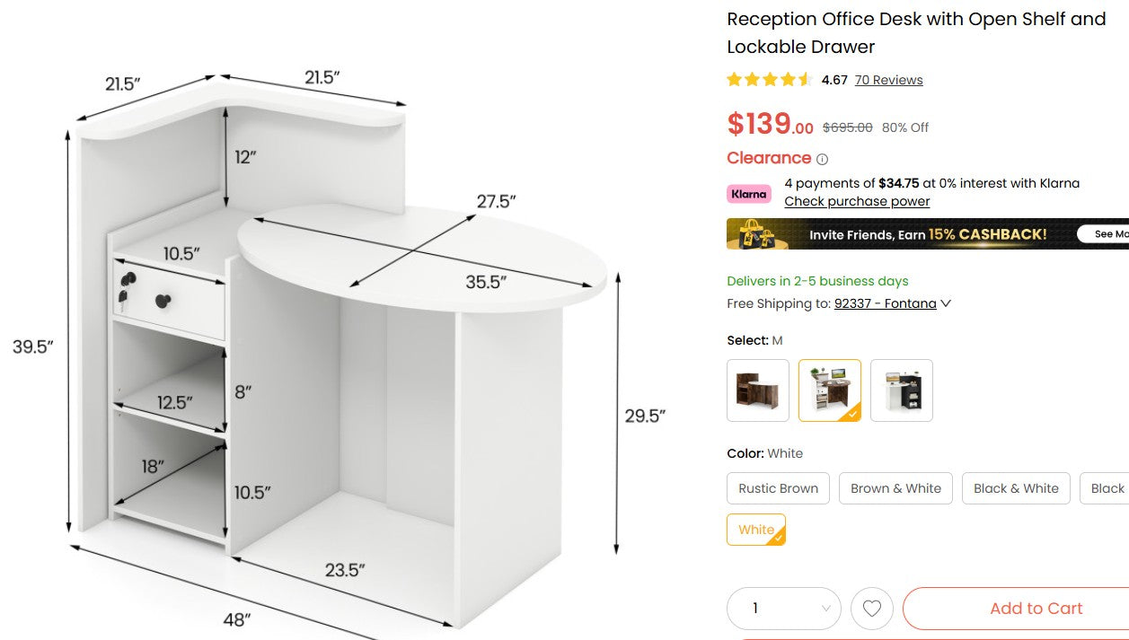 Reception Office Desk with Open Shelf and Lockable Drawer Costway