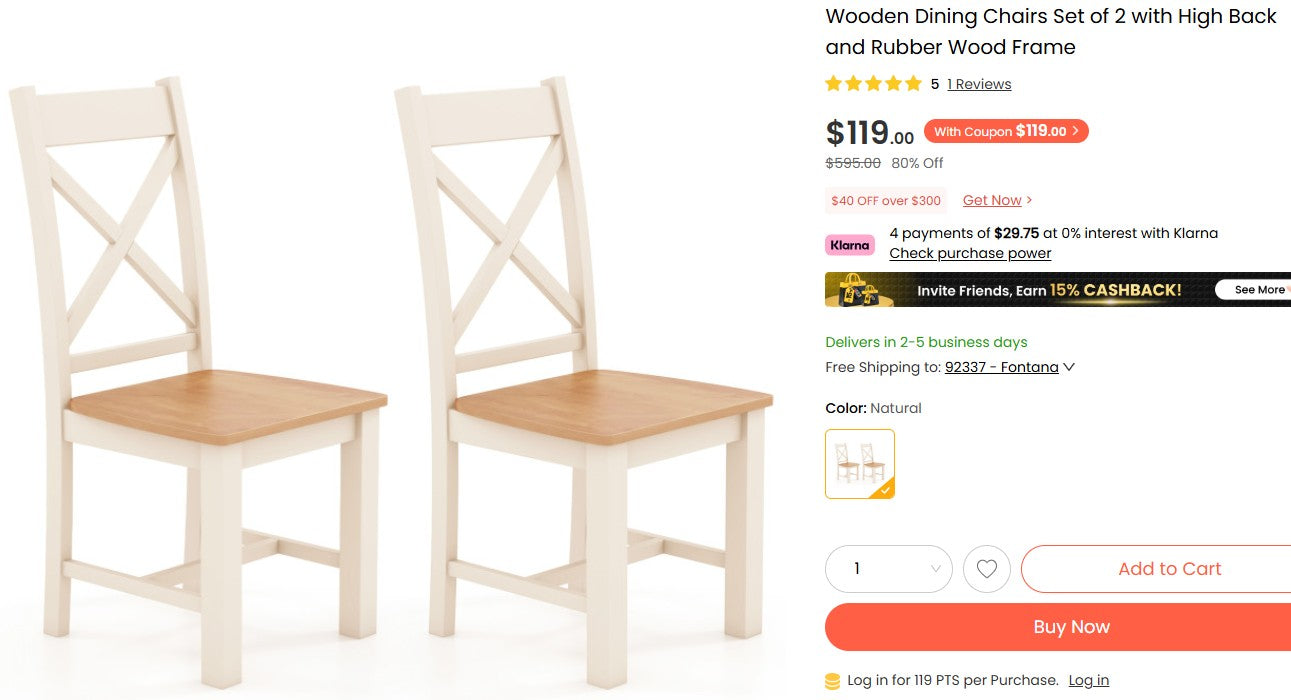 Wooden Dining Chairs Set of 2 with High Back and Rubber Wood Frame Costway