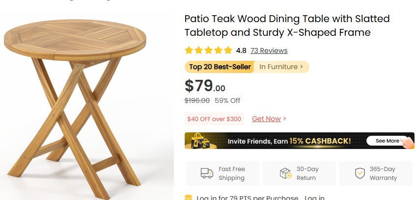 Patio Teak Wood Dining Table with Slatted Tabletop and Sturdy X-Shaped Frame Costway