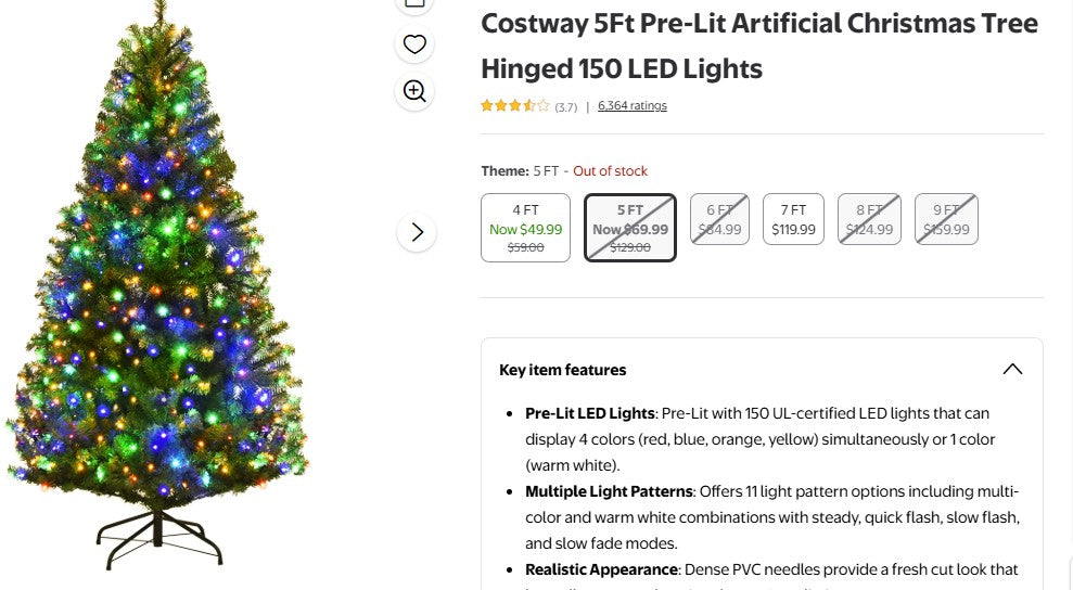 Costway 5Ft Pre-Lit Artificial Christmas Tree Hinged 150 LED Lights Costway