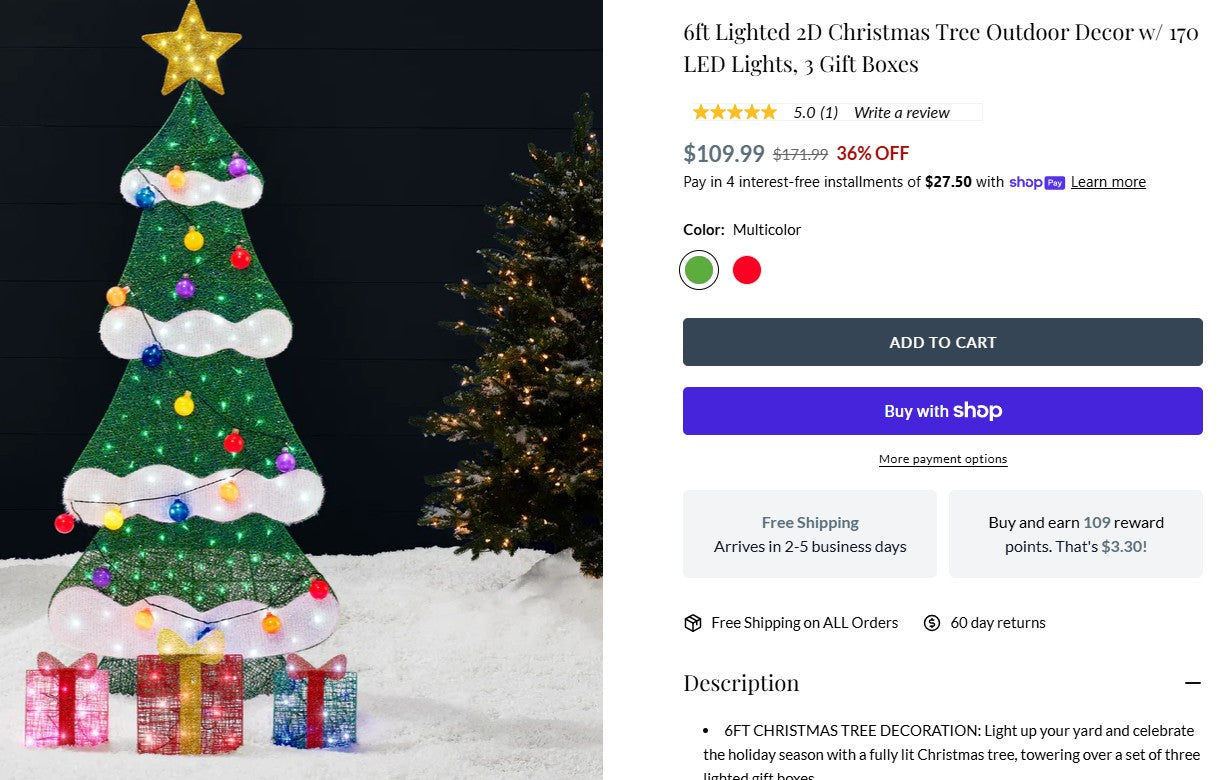 6ft Lighted 2D Christmas Tree Outdoor Decor w/ 170 LED Lights, 3 Gift Boxes BCP