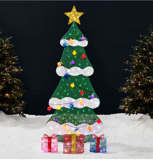 6ft Lighted 2D Christmas Tree Outdoor Decor w/ 170 LED Lights, 3 Gift Boxes BCP