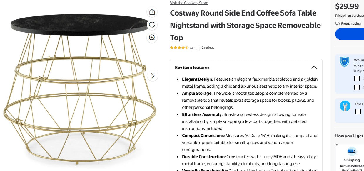 Costway Round Side End Coffee Sofa Table Nightstand with Storage Space Removeable Top Costway