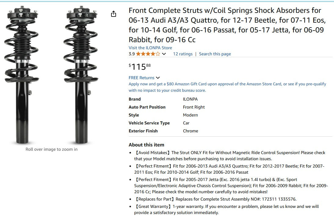 Front Complete Struts w/Coil Springs Shock Absorbers for 06-13 Audi A3/A3 Quattro ILONPA