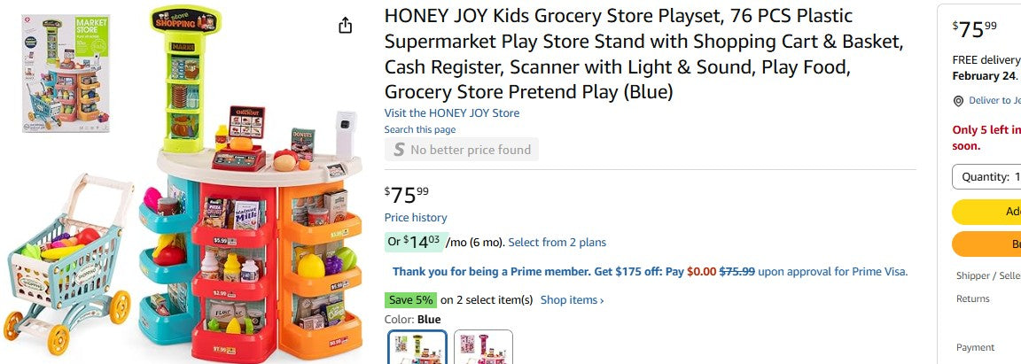 HONEY JOY Kids Grocery Store Playset, 76 PCS Plastic Supermarket Play Store Stand with Shopping Cart & Basket Honey Joy