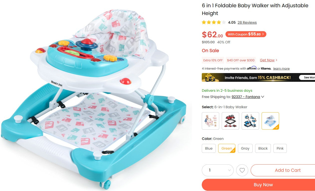 6 in 1 Foldable Baby Walker with Adjustable Height Honey Joy