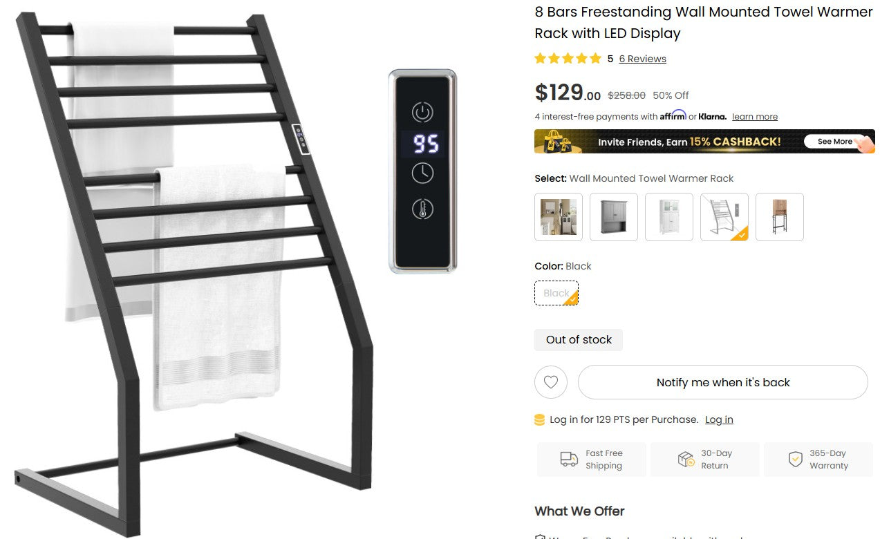 8 Bars Freestanding Wall Mounted Towel Warmer Rack with LED Display Costway