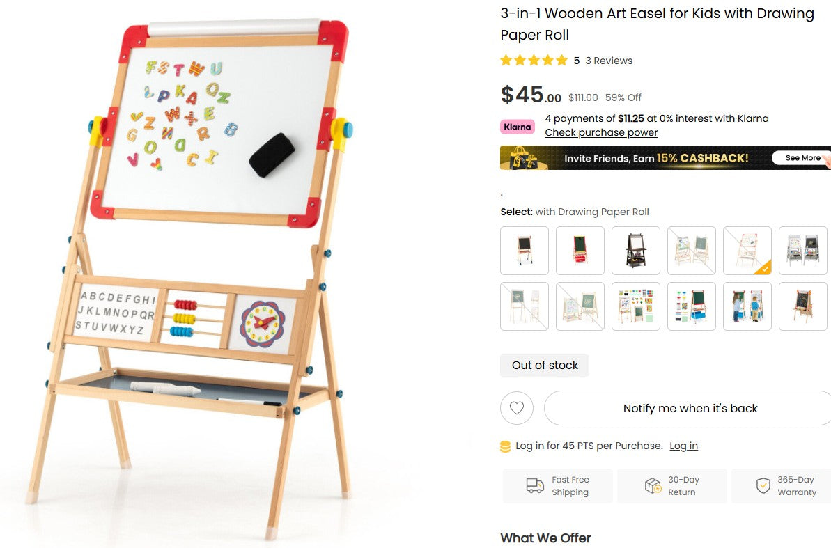 Costway 3-in-1 Kids Wooden Easel - Magnetic & Paper Roll