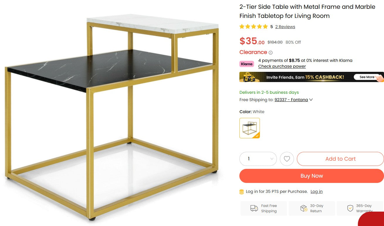 Costway 2-Tier Side Table - Marble Finish & Metal Frame