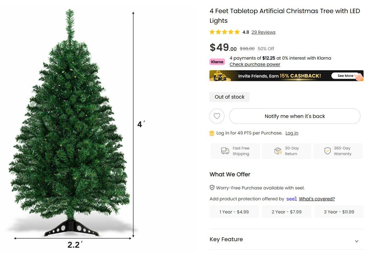Costway 4ft Tabletop Christmas Tree - LED Lights, Premium PVC