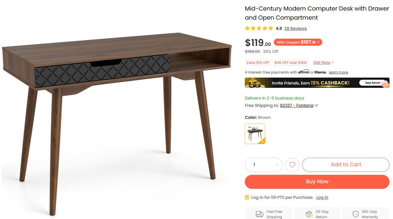 Costway Mid-Century Desk - Drawer & Open Storage Compartment