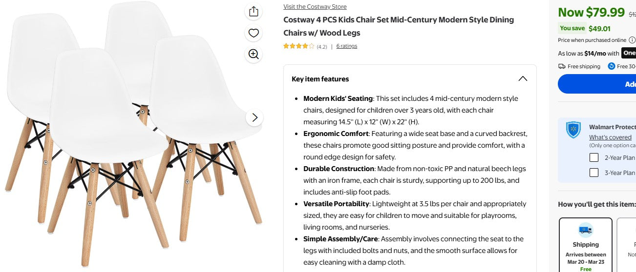 Costway Kids Chair Set - Mid-Century, Premium Wood Legs, 4 PCS