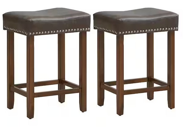 24 in. Brown Backless Wood Bar Stool with PU Seat Set of 2