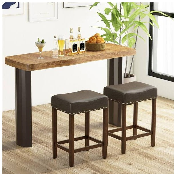 24 in. Brown Backless Wood Bar Stool with PU Seat Set of 2