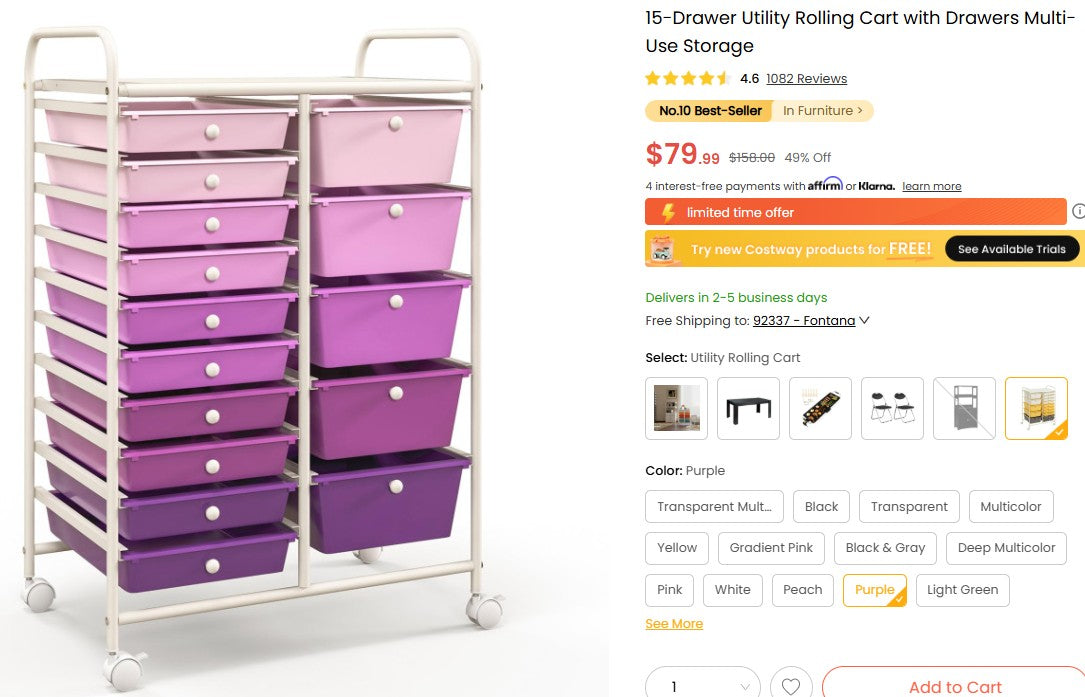 15-Drawer Utility Rolling Cart with Drawers Multi-Use Storage