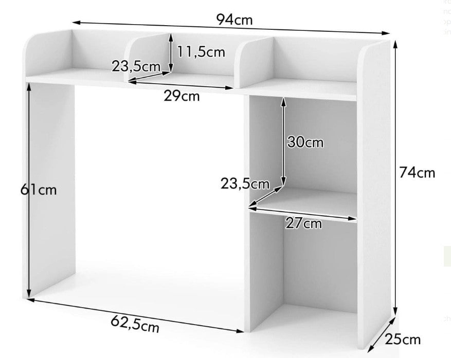 Desk shelf with 4 shelves and an open compartment