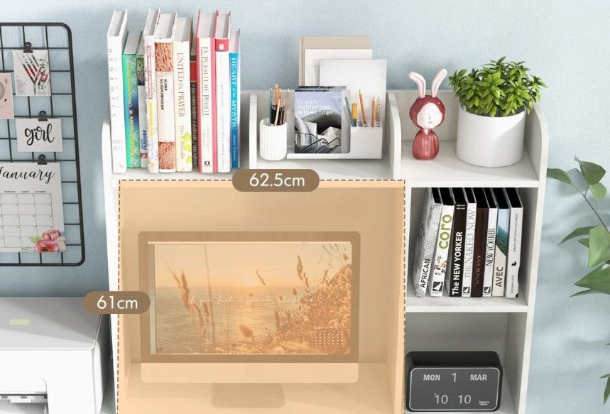 Desk shelf with 4 shelves and an open compartment