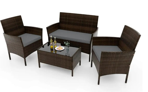4 PCS Patio Furniture Set with Washable Cushions and Tempered Glass Coffee Table - Mix Brown + Grey