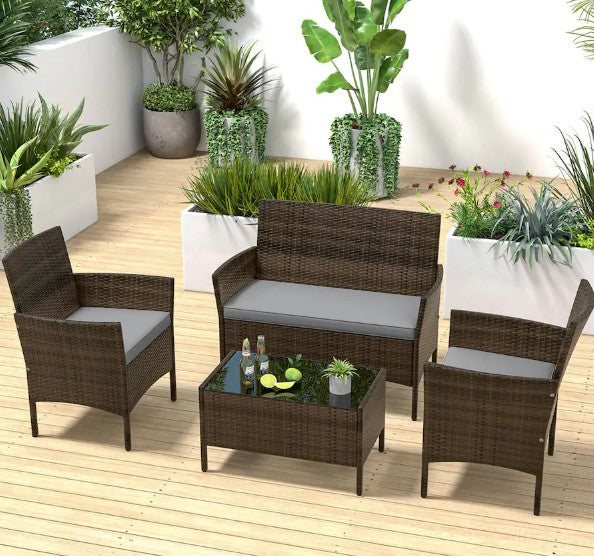 4 PCS Patio Furniture Set with Washable Cushions and Tempered Glass Coffee Table - Mix Brown + Grey