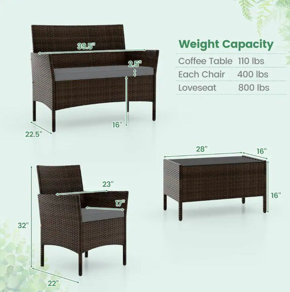 4 PCS Patio Furniture Set with Washable Cushions and Tempered Glass Coffee Table - Mix Brown + Grey