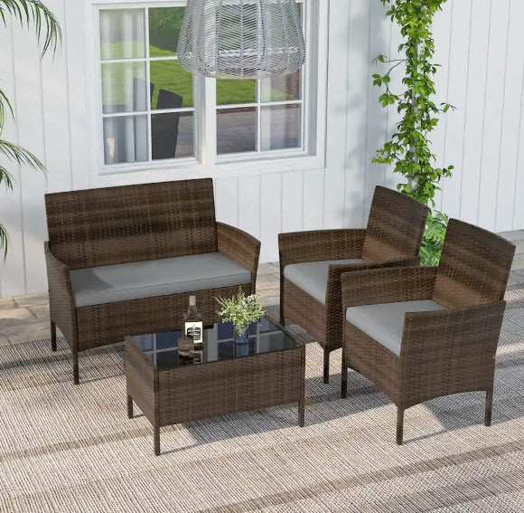 4 PCS Patio Furniture Set with Washable Cushions and Tempered Glass Coffee Table - Mix Brown + Grey