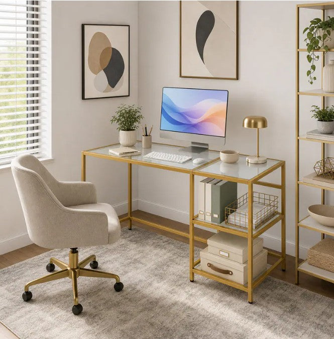 42" Modern Home Office Desk with 2 Open Shelves and Metal Frame, Computer Desk - Golden