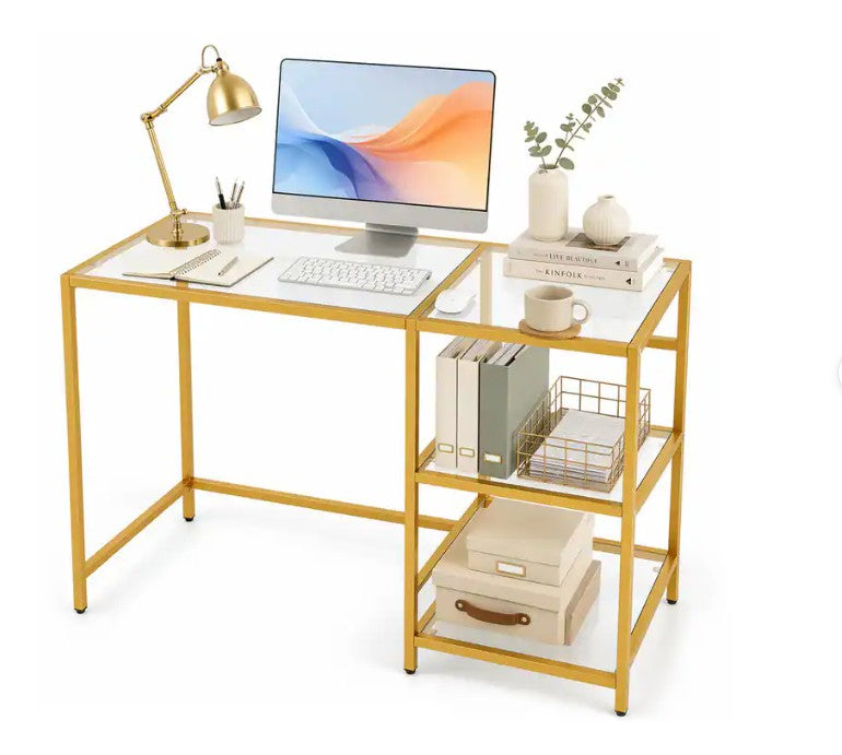 42" Modern Home Office Desk with 2 Open Shelves and Metal Frame, Computer Desk - Golden