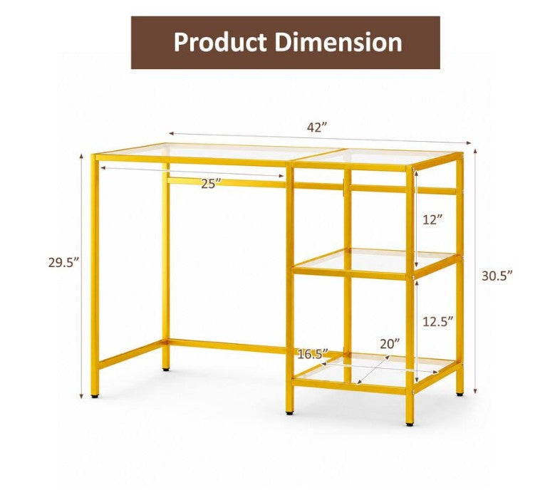 42" Modern Home Office Desk with 2 Open Shelves and Metal Frame, Computer Desk - Golden