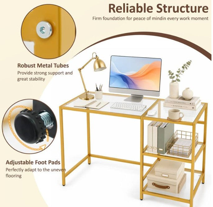 42" Modern Home Office Desk with 2 Open Shelves and Metal Frame, Computer Desk - Golden